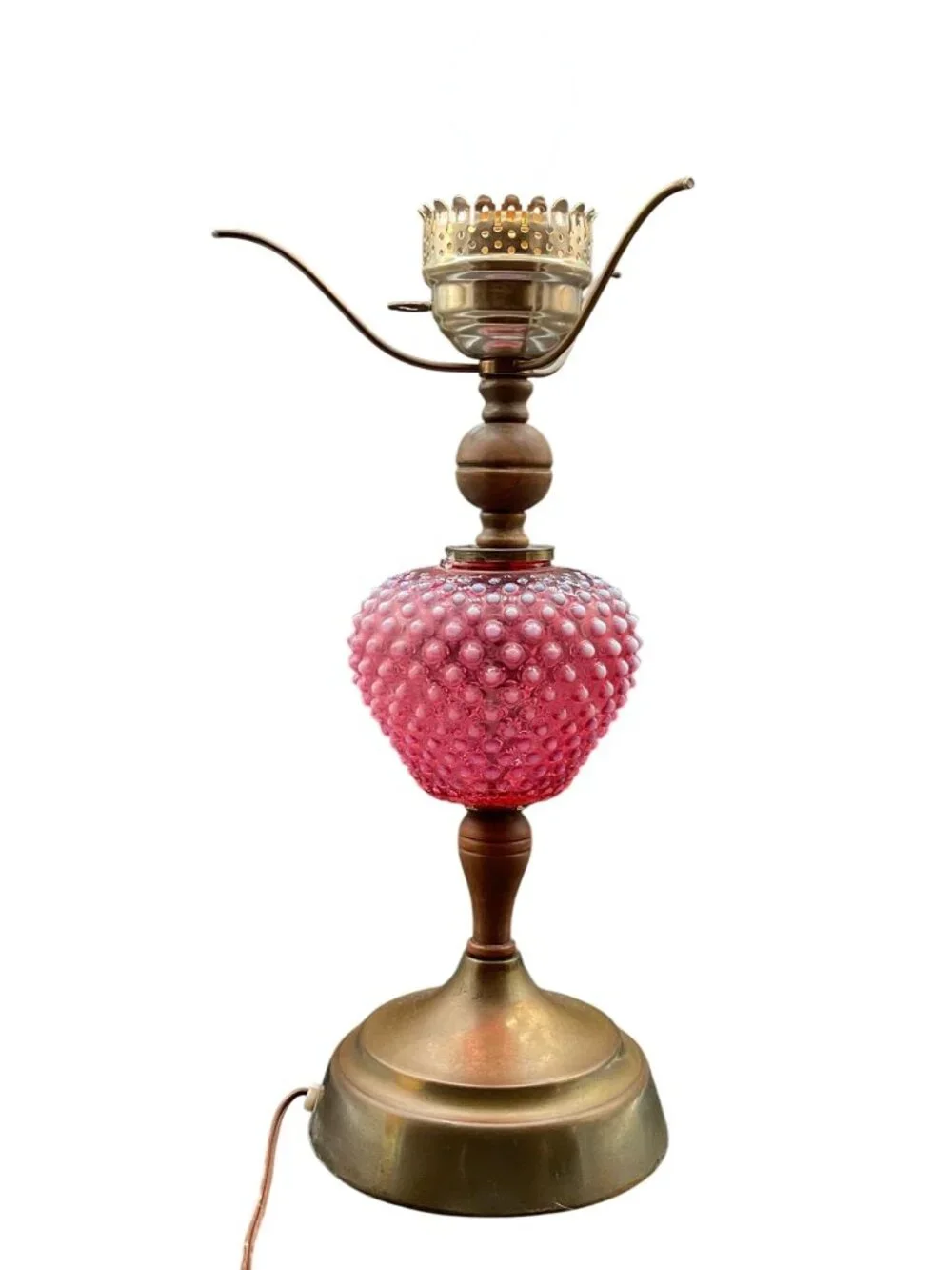 Vintage Fenton Cranberry Opalescent Hobnail Glass & Brass Table Lamp 17